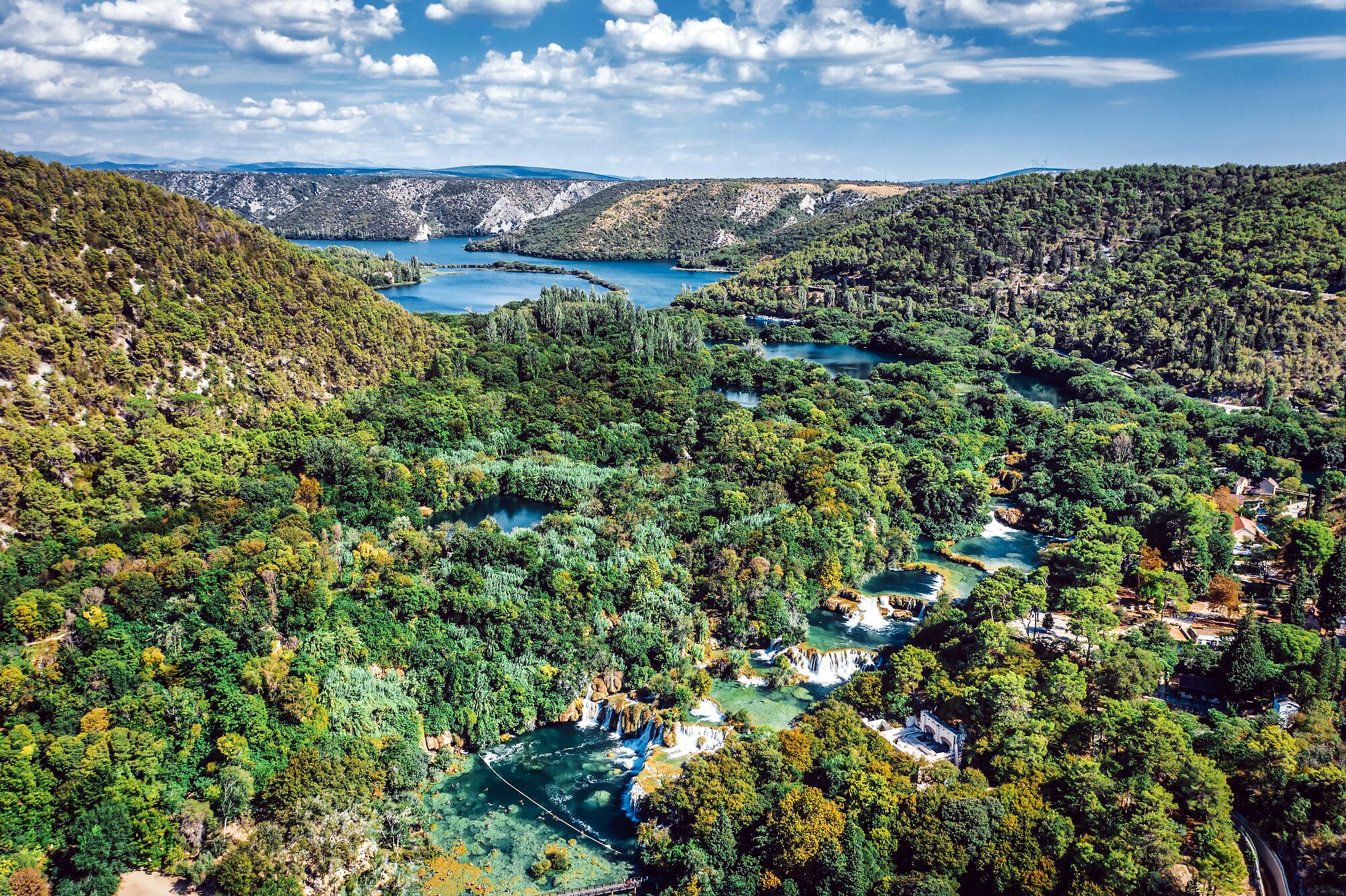 Aerial view of the Krka travertine valley and its lakes